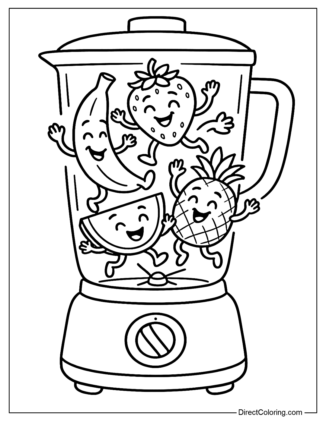 A fruit dancing coloring page inside a blender.